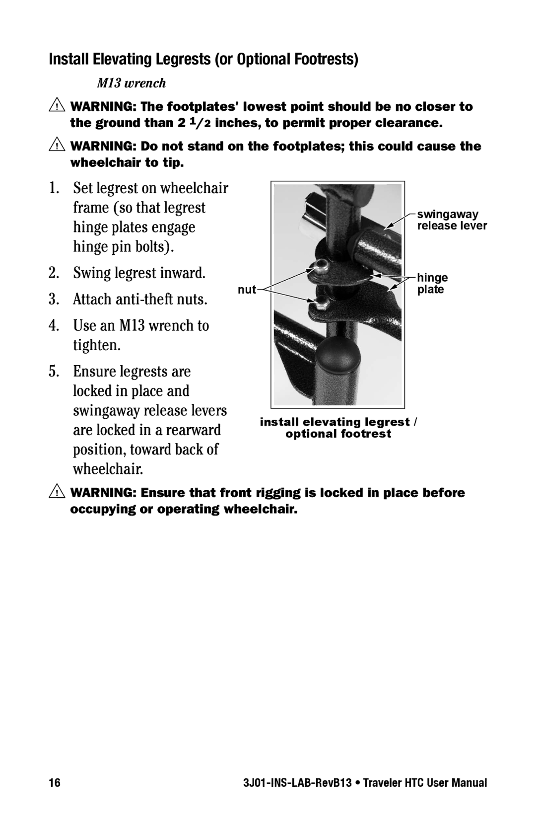 E&J 3J01-INS-LAB-RevB13 manual Install Elevating Legrests or Optional Footrests 