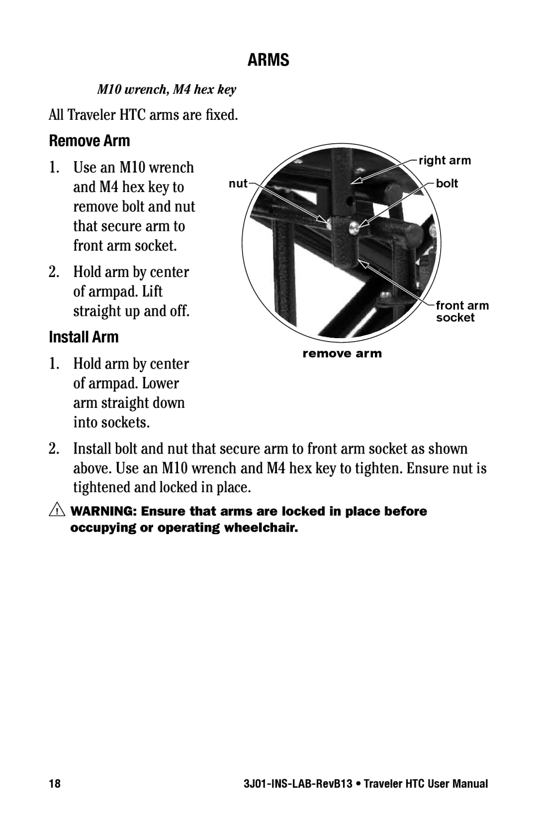 E&J 3J01-INS-LAB-RevB13 manual Remove Arm, Install Arm 