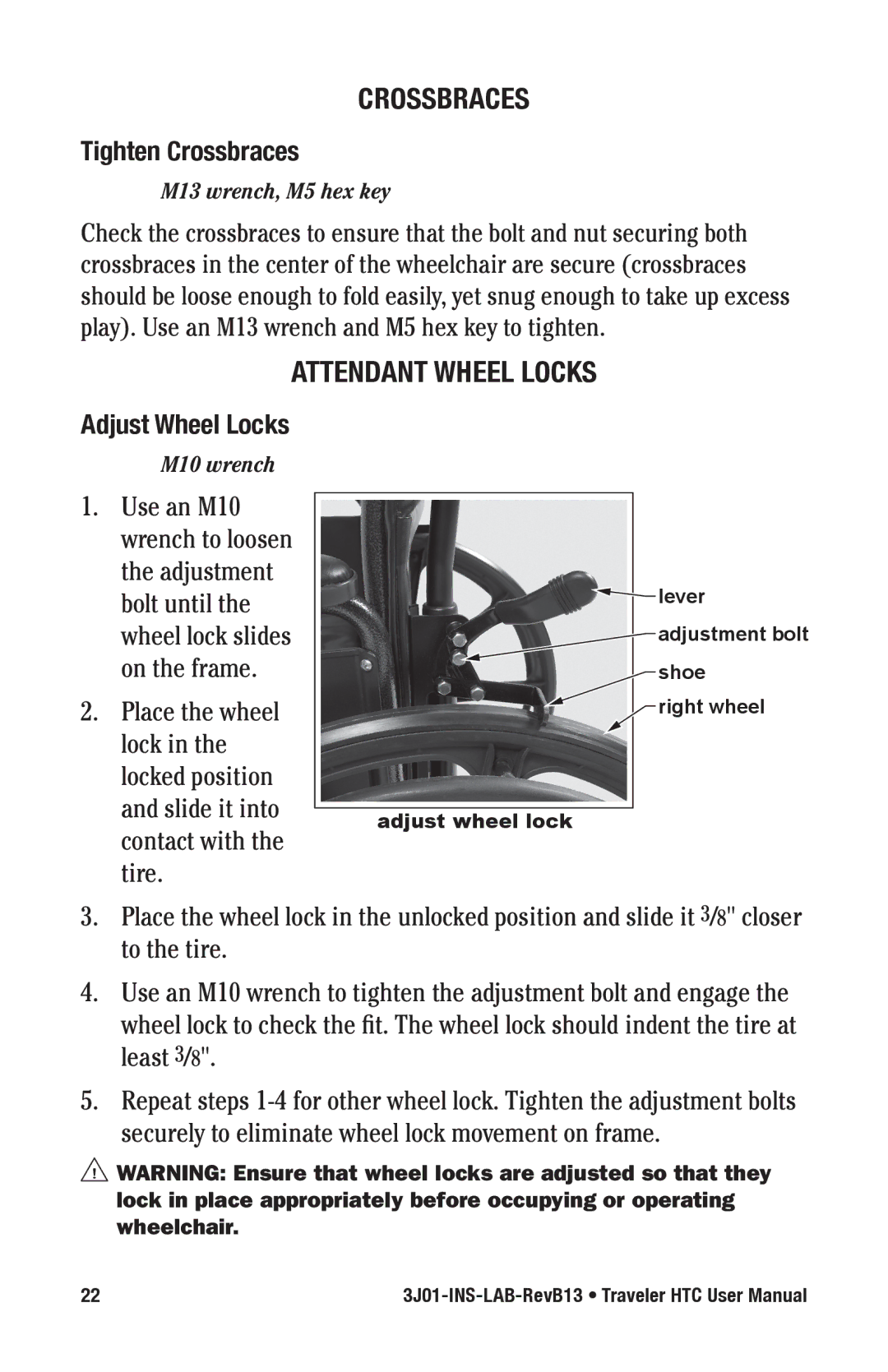 E&J 3J01-INS-LAB-RevB13 manual Tighten Crossbraces, Adjust Wheel Locks 