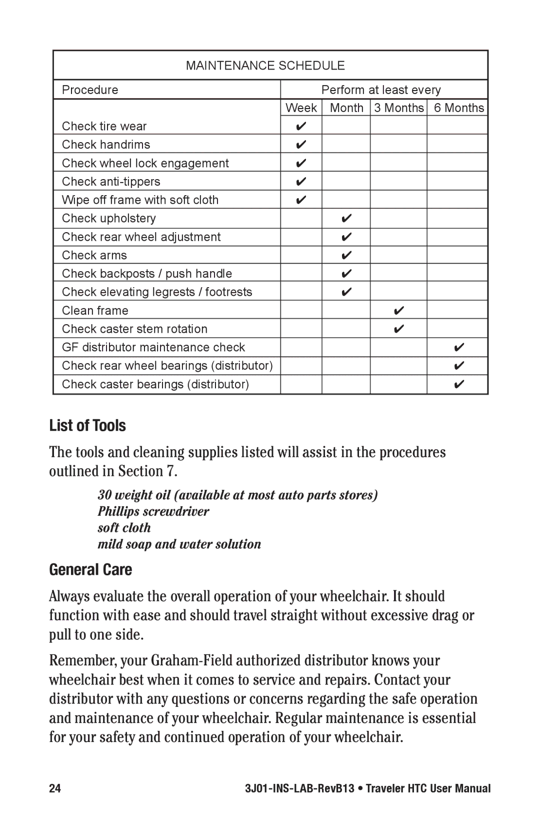 E&J 3J01-INS-LAB-RevB13 manual List of Tools, General Care 