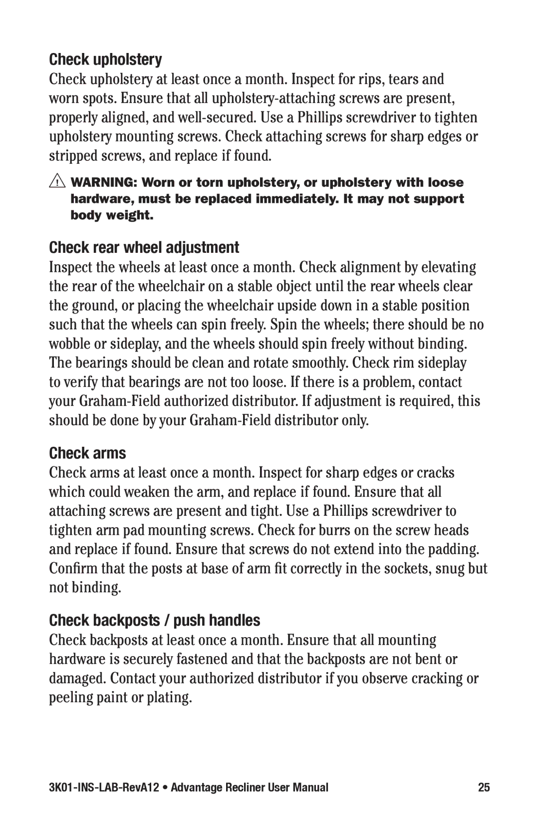 E&J 3K01-INS-LAB-RevA12 manual Check upholstery, Check rear wheel adjustment, Check arms, Check backposts / push handles 