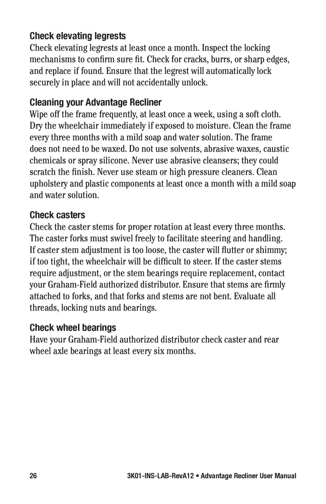 E&J 3K01-INS-LAB-RevA12 Check elevating legrests, Cleaning your Advantage Recliner, Check casters, Check wheel bearings 