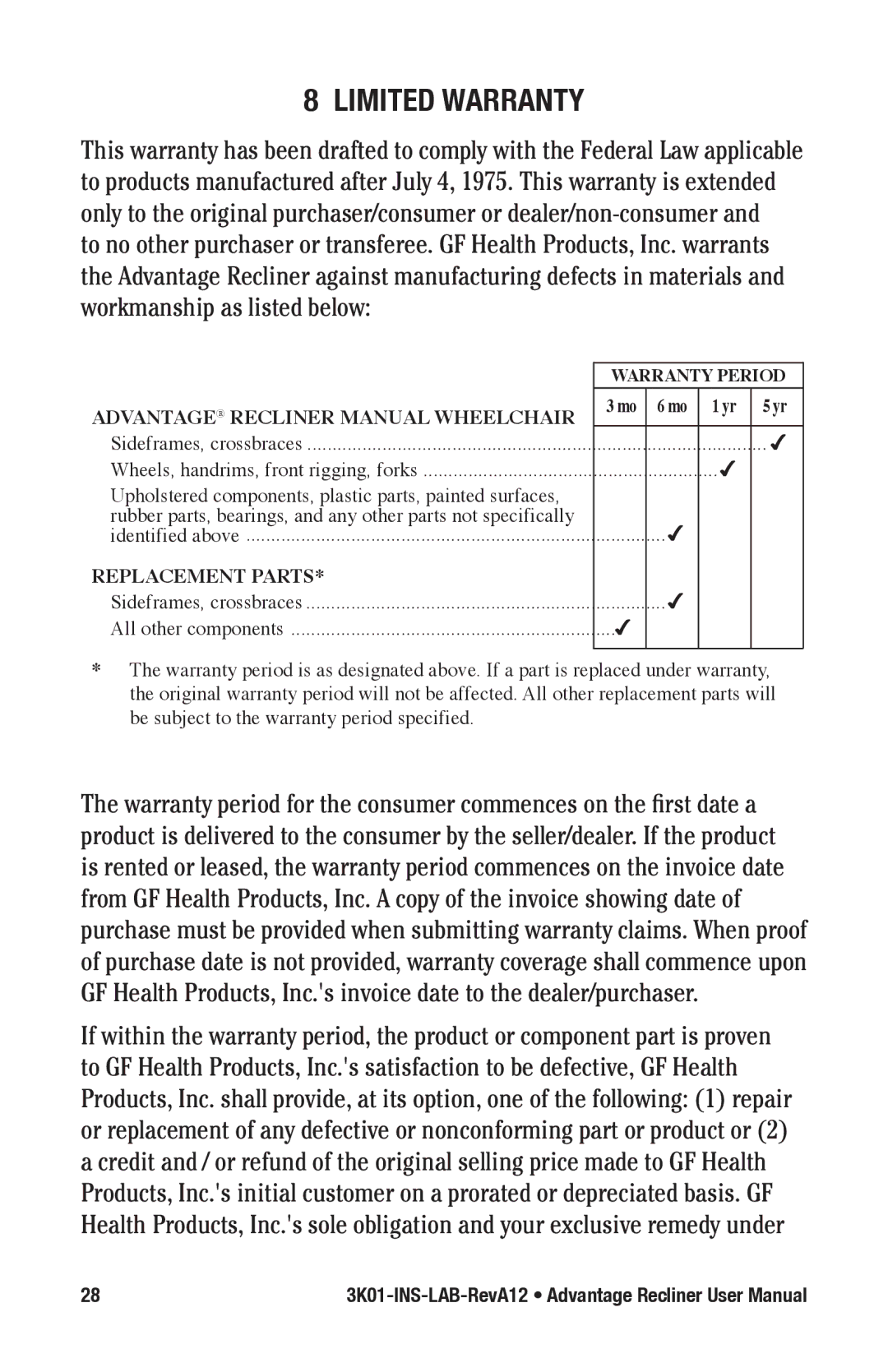 E&J 3K01-INS-LAB-RevA12 manual LIMIted wARRANty, Advantage Recliner Manual Wheelchair 