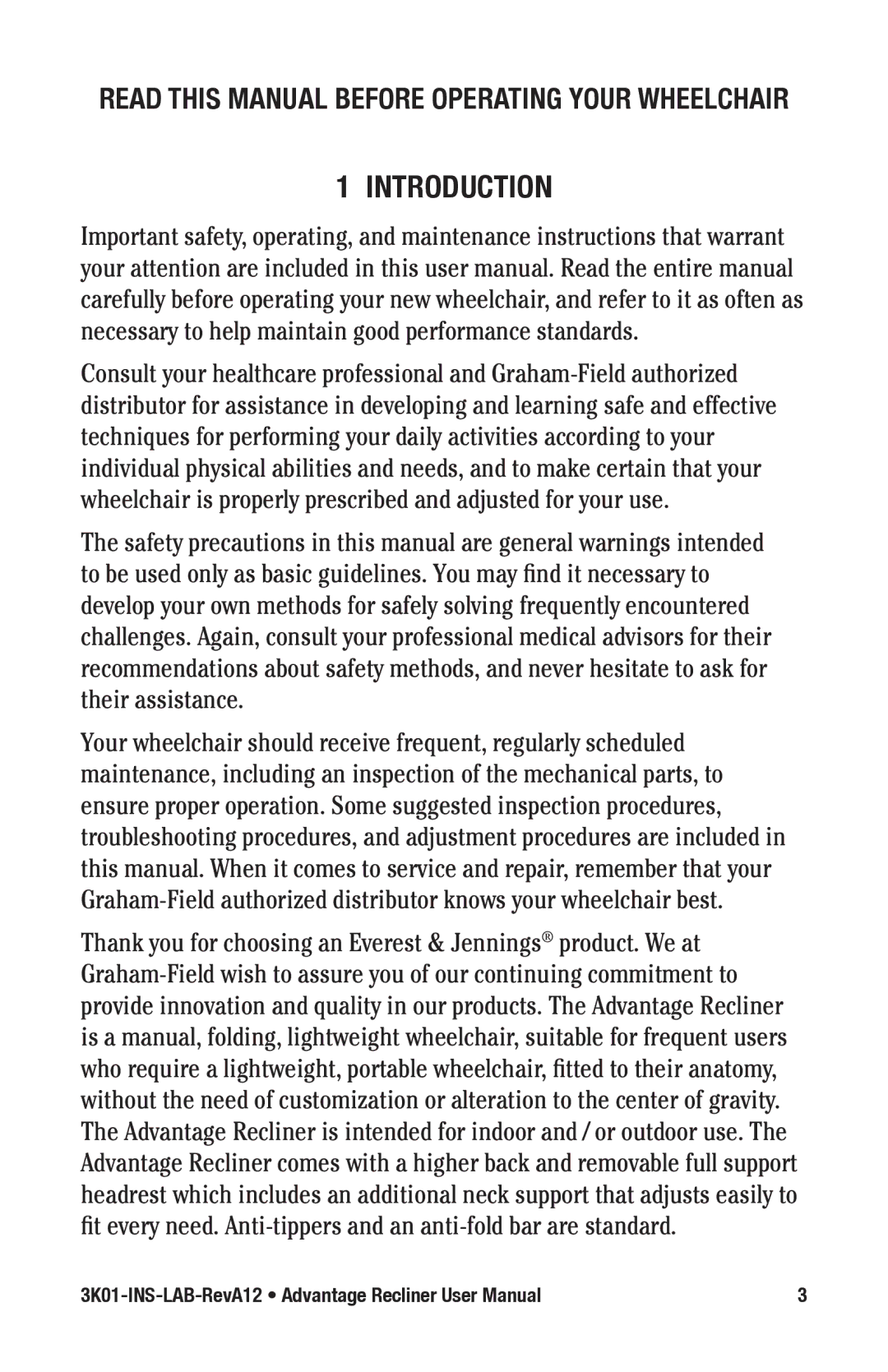 E&J 3K01-INS-LAB-RevA12 manual INtRodUctIoN, ReAd tHIS Manual BefoRe opeRAtING yoUR wHeeLcHAIR 