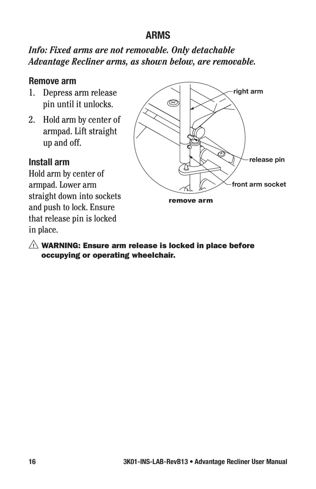 E&J 3K01-INS-LAB-RevB13 manual Arms, Remove arm, Install arm 