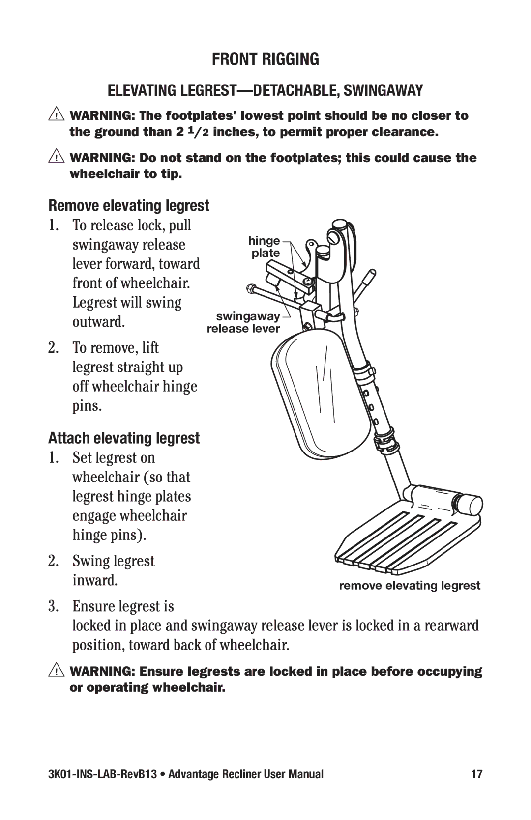 E&J 3K01-INS-LAB-RevB13 manual Front Rigging, Elevating LEGREST-DETACHABLE, Swingaway, Remove elevating legrest 