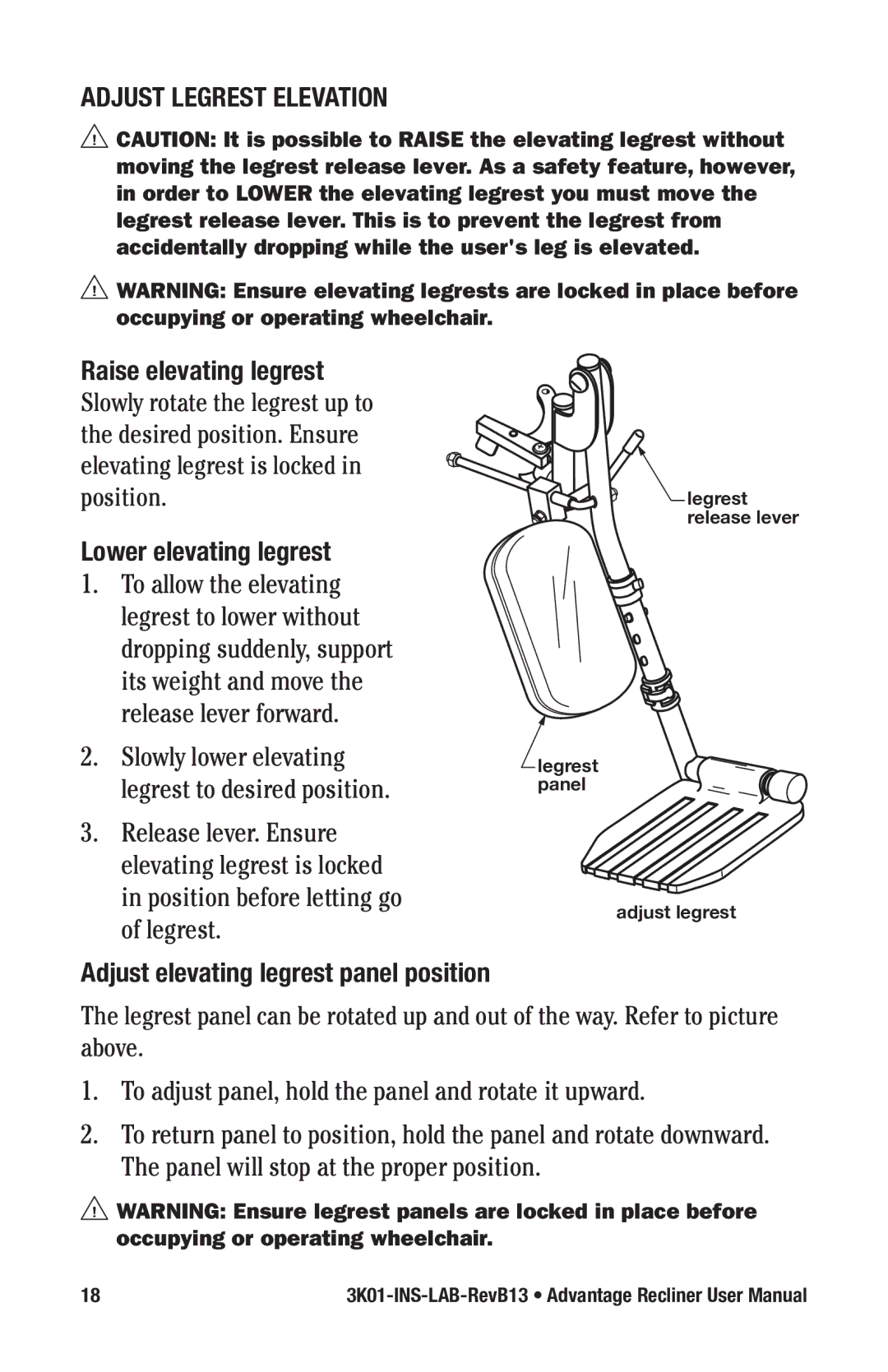 E&J 3K01-INS-LAB-RevB13 manual Adjust Legrest Elevation, Raise elevating legrest, Lower elevating legrest 