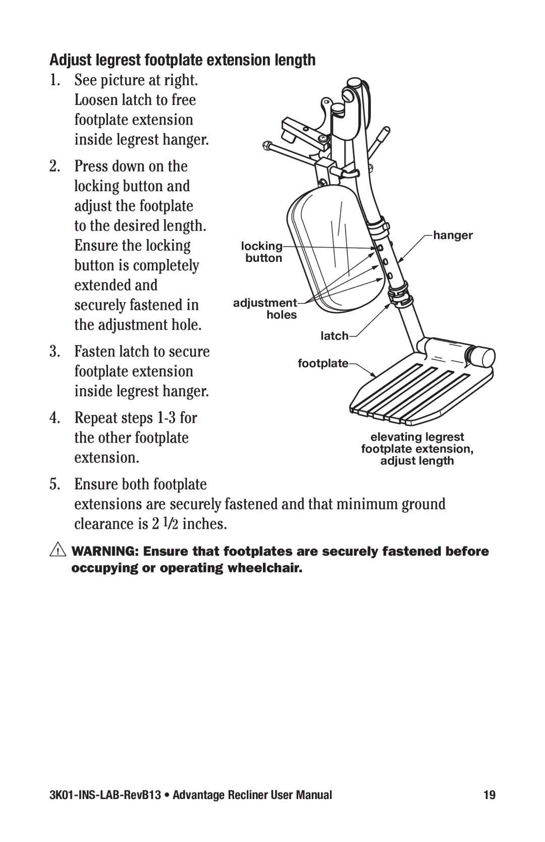 E&J 3K01-INS-LAB-RevB13 manual Adjust legrest footplate extension length 