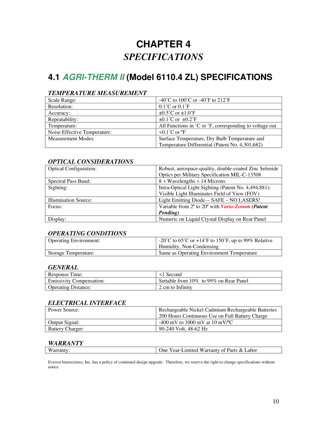 E&J 6110.4ZL manual Specifications 