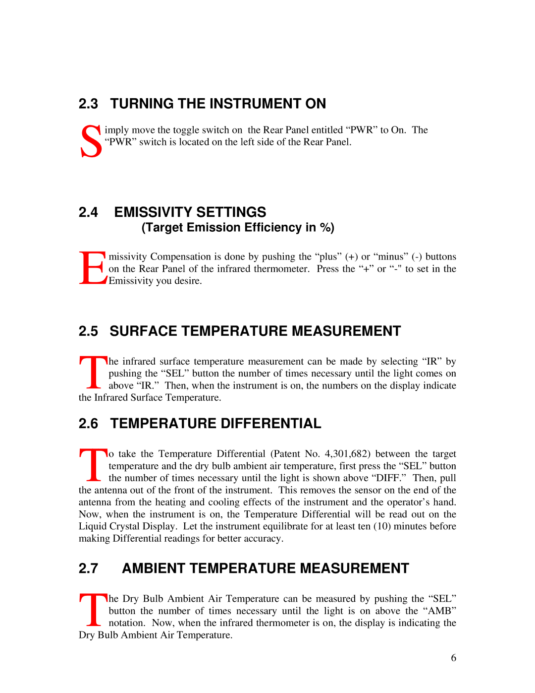 E&J 6110.4ZL Turning the Instrument on, Emissivity Settings, Surface Temperature Measurement, Temperature Differential 