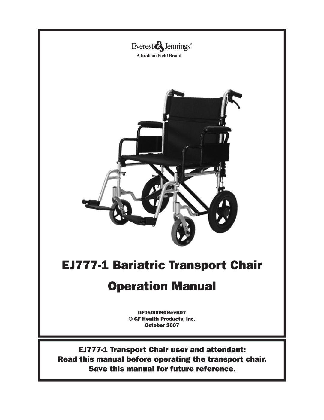 E&J manual EJ777-1 Bariatric Transport Chair 