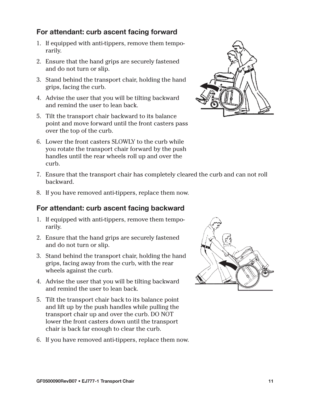 E&J EJ777-1 manual For attendant curb ascent facing forward, For attendant curb ascent facing backward 