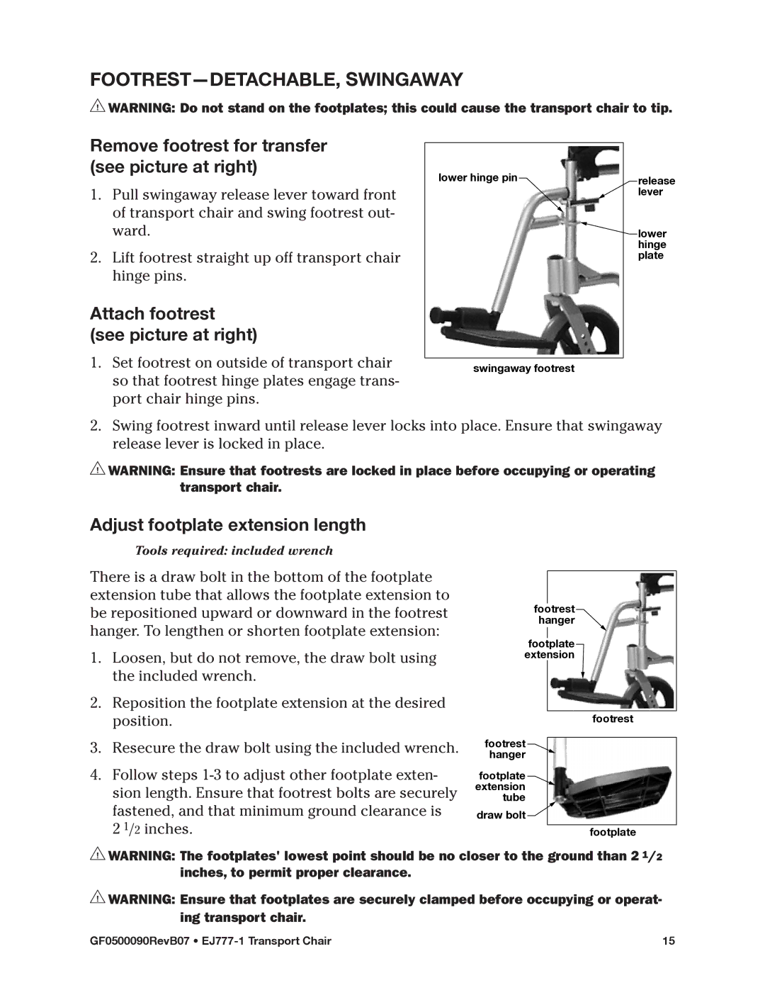 E&J EJ777-1 manual Footrest-detachable, swingaway, Attach footrest see picture at right, Adjust footplate extension length 