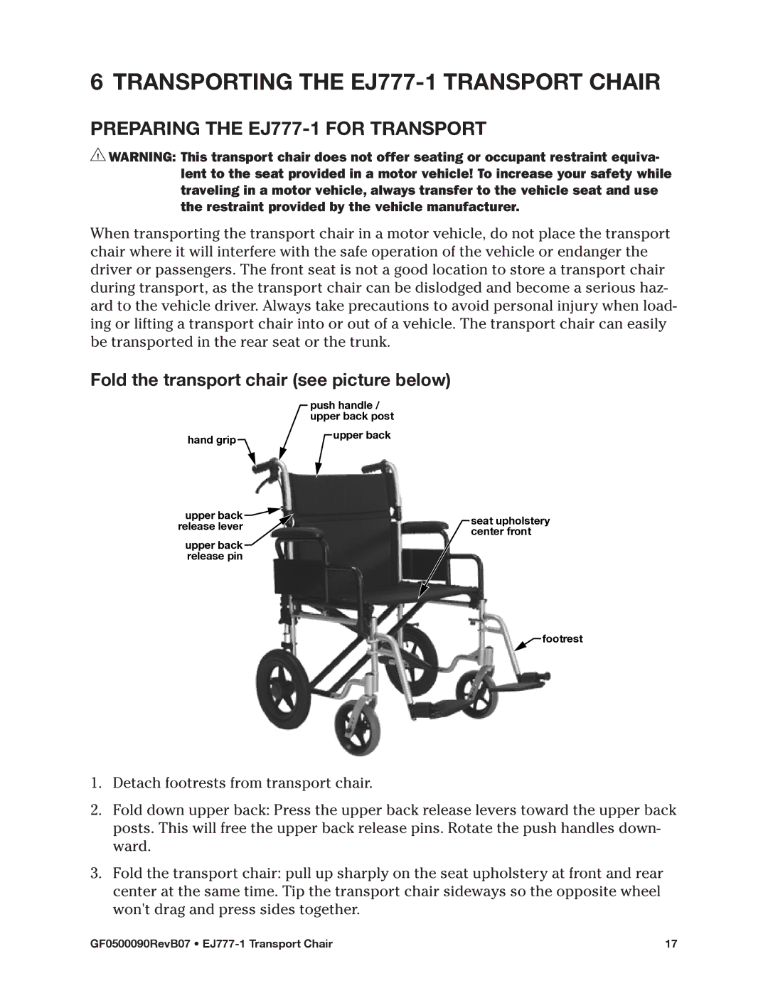 E&J manual Transporting the EJ777-1 transport chair, Preparing the EJ777-1 for transport 