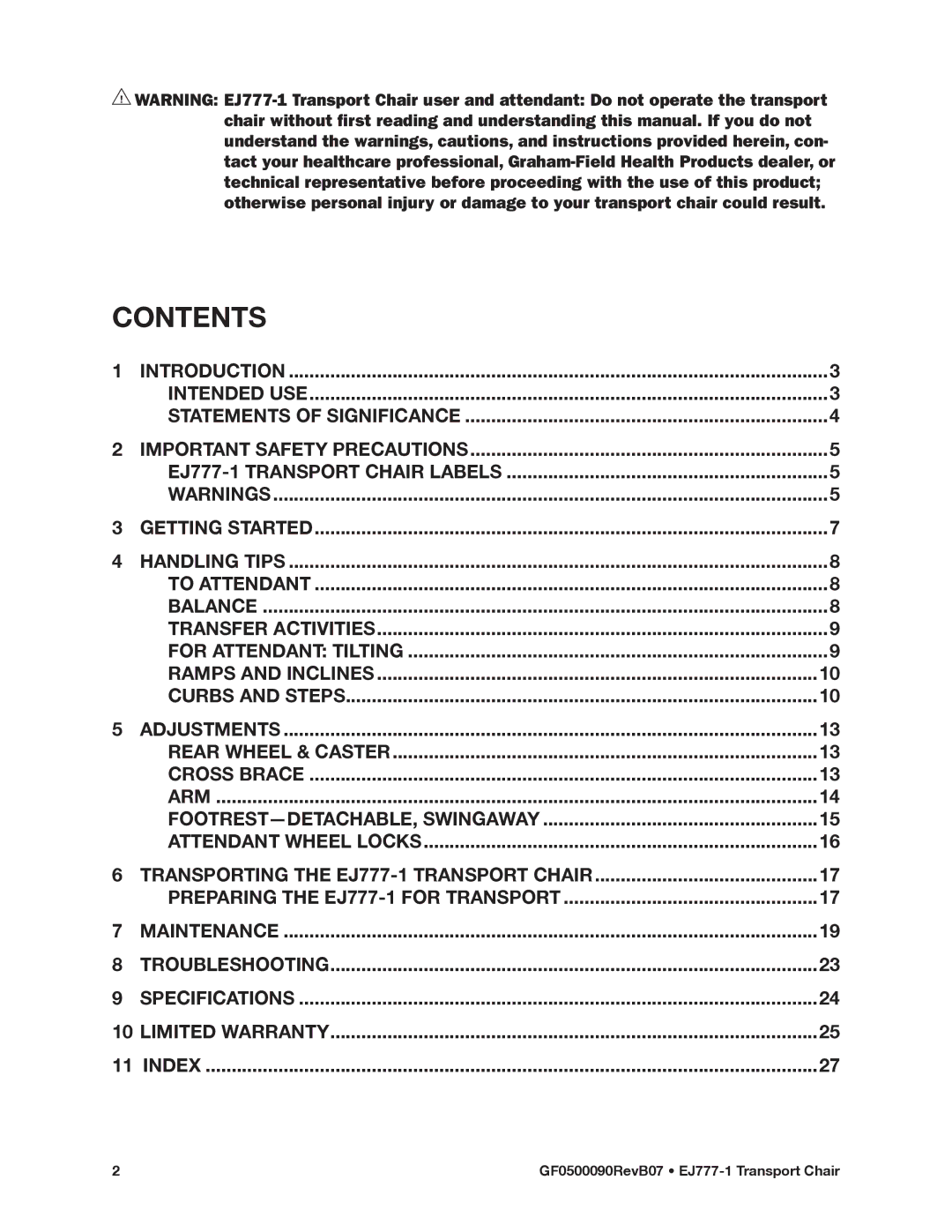 E&J EJ777-1 manual Contents 