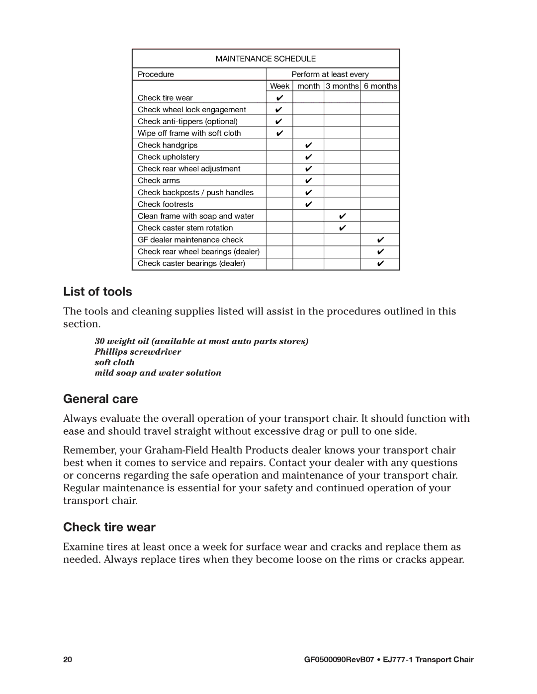 E&J EJ777-1 manual List of tools, General care, Check tire wear 