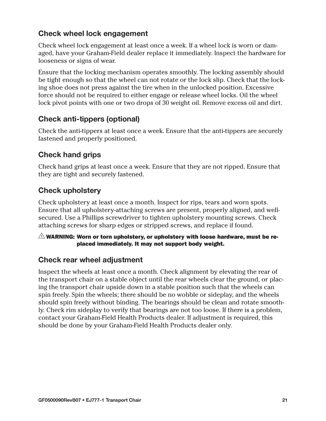 E&J EJ777-1 manual Check wheel lock engagement, Check anti-tippers optional, Check hand grips, Check upholstery 