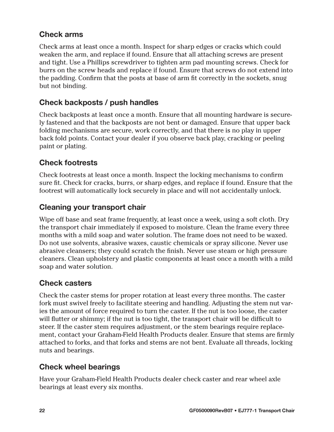 E&J EJ777-1 Check arms, Check backposts / push handles, Check footrests, Cleaning your transport chair, Check casters 