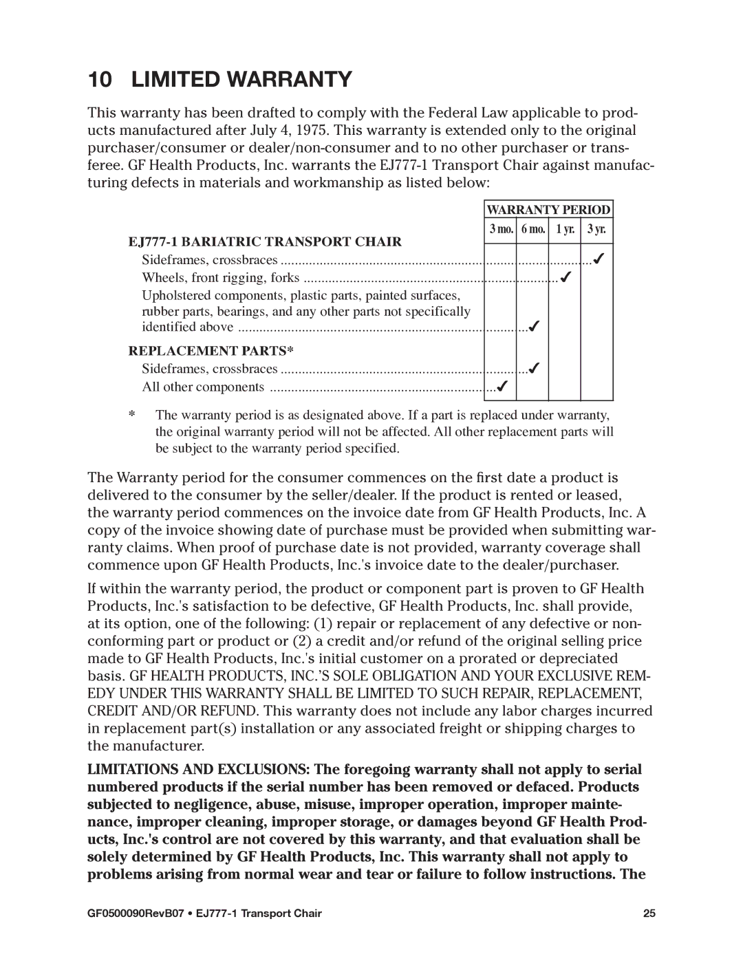 E&J manual Limited warranty, EJ777-1 Bariatric Transport Chair 