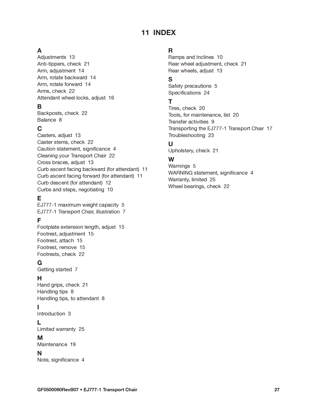 E&J EJ777-1 manual Index 