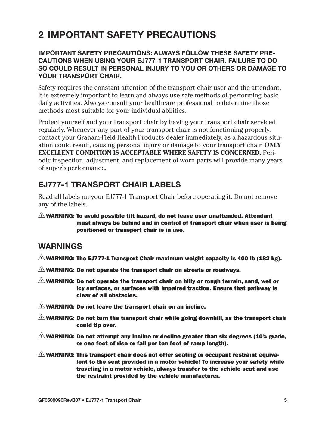 E&J manual Important safety precautions, EJ777-1 Transport Chair labels 