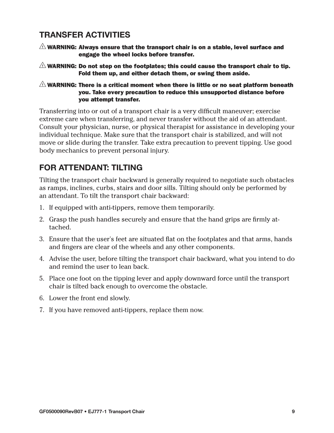 E&J EJ777-1 manual Transfer Activities, For attendant Tilting 