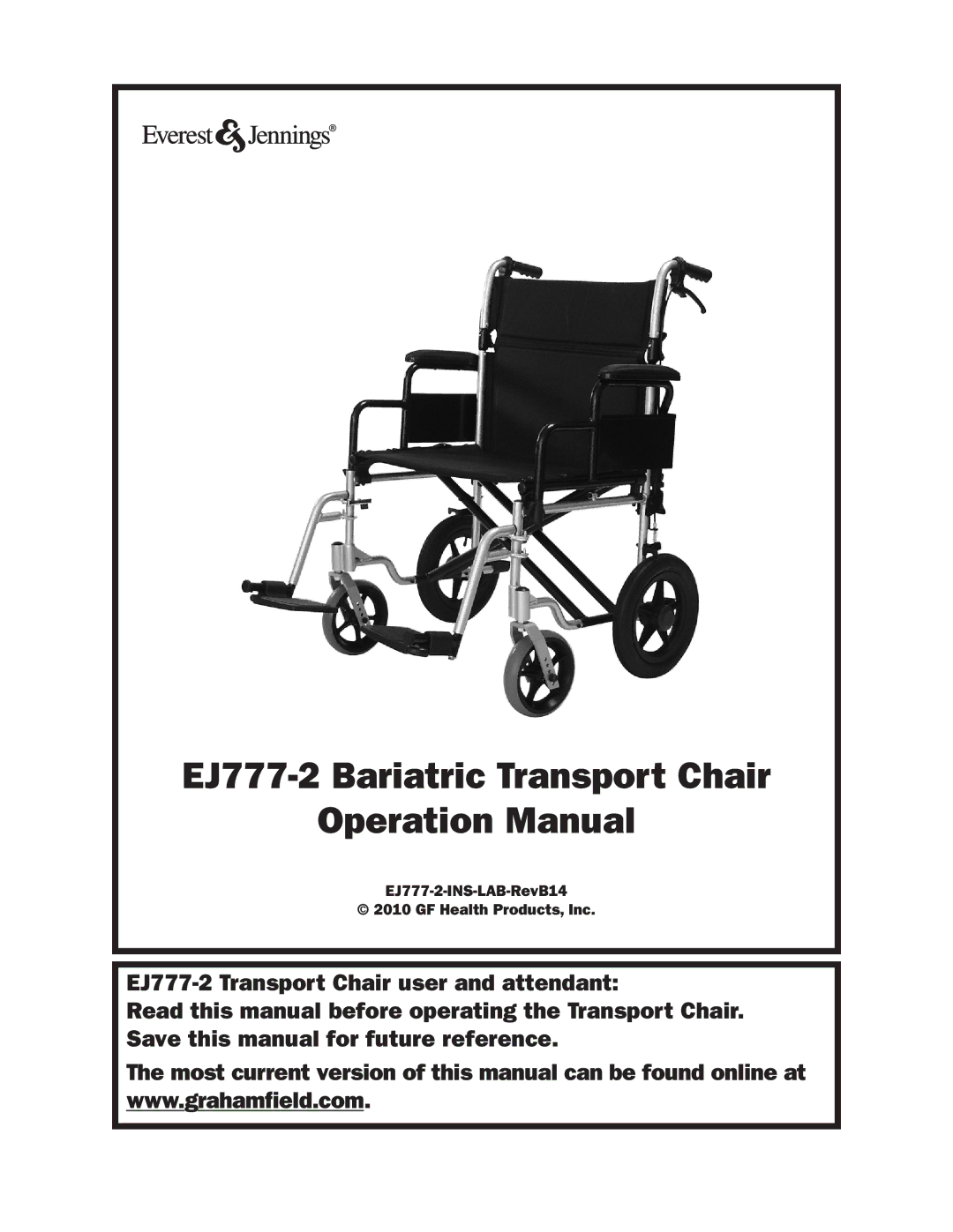 E&J manual EJ777-2 Bariatric Transport Chair 