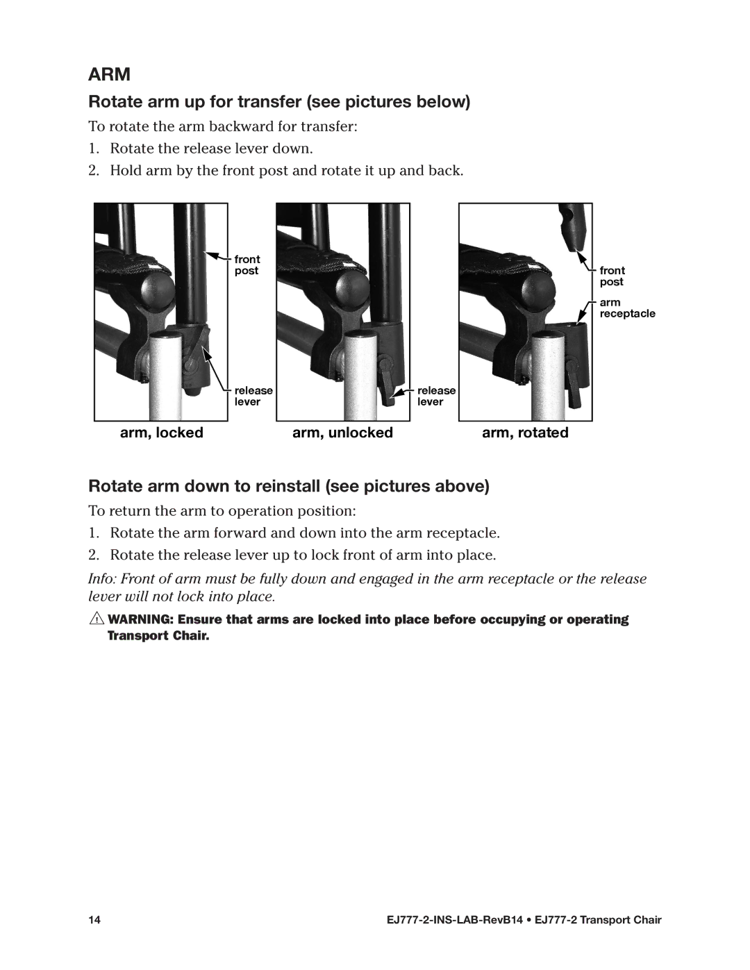 E&J EJ777-2 manual Arm, Rotate arm up for transfer see pictures below, Rotate arm down to reinstall see pictures above 