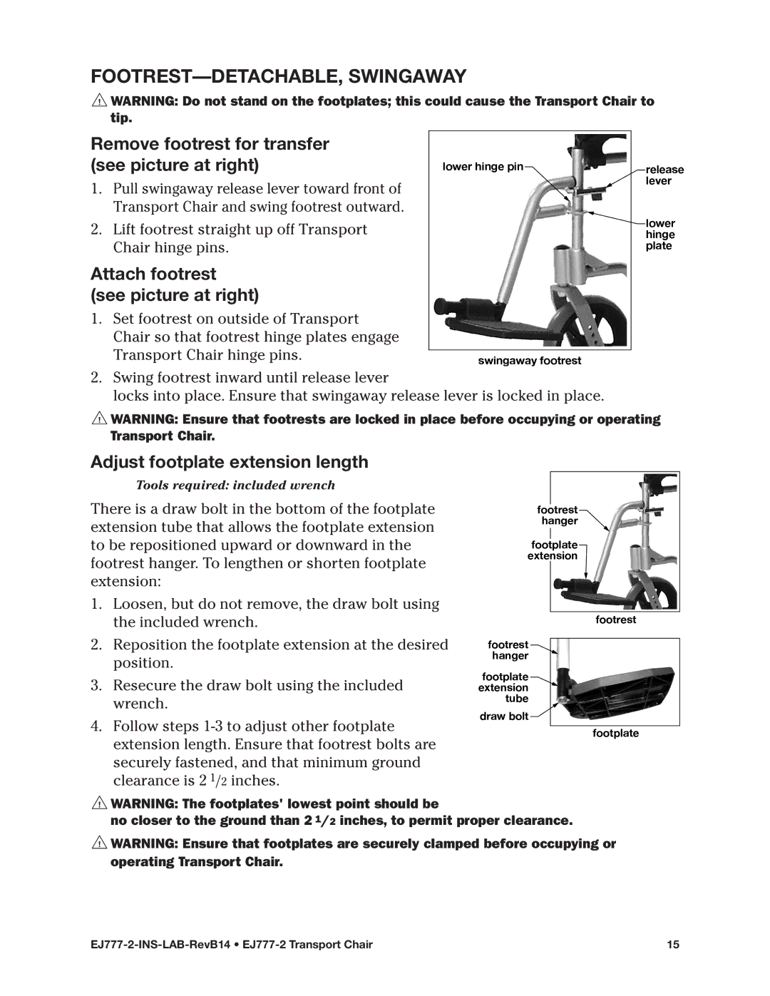 E&J EJ777-2 manual FOOTREST-DETACHABLE, Swingaway, Attach footrest see picture at right, Adjust footplate extension length 