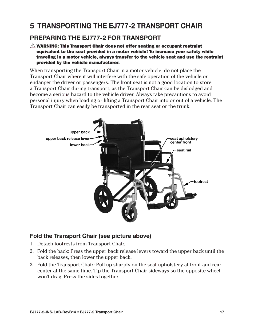 E&J manual Transporting the EJ777-2 Transport Chair, Preparing the EJ777-2 for Transport 