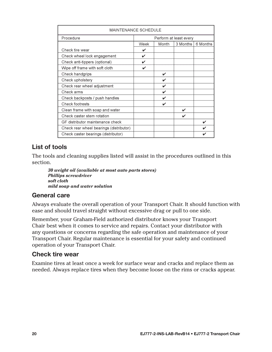 E&J EJ777-2 manual List of tools, General care, Check tire wear 