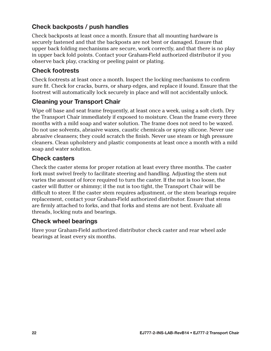E&J EJ777-2 manual Check backposts / push handles, Check footrests, Cleaning your Transport Chair, Check casters 