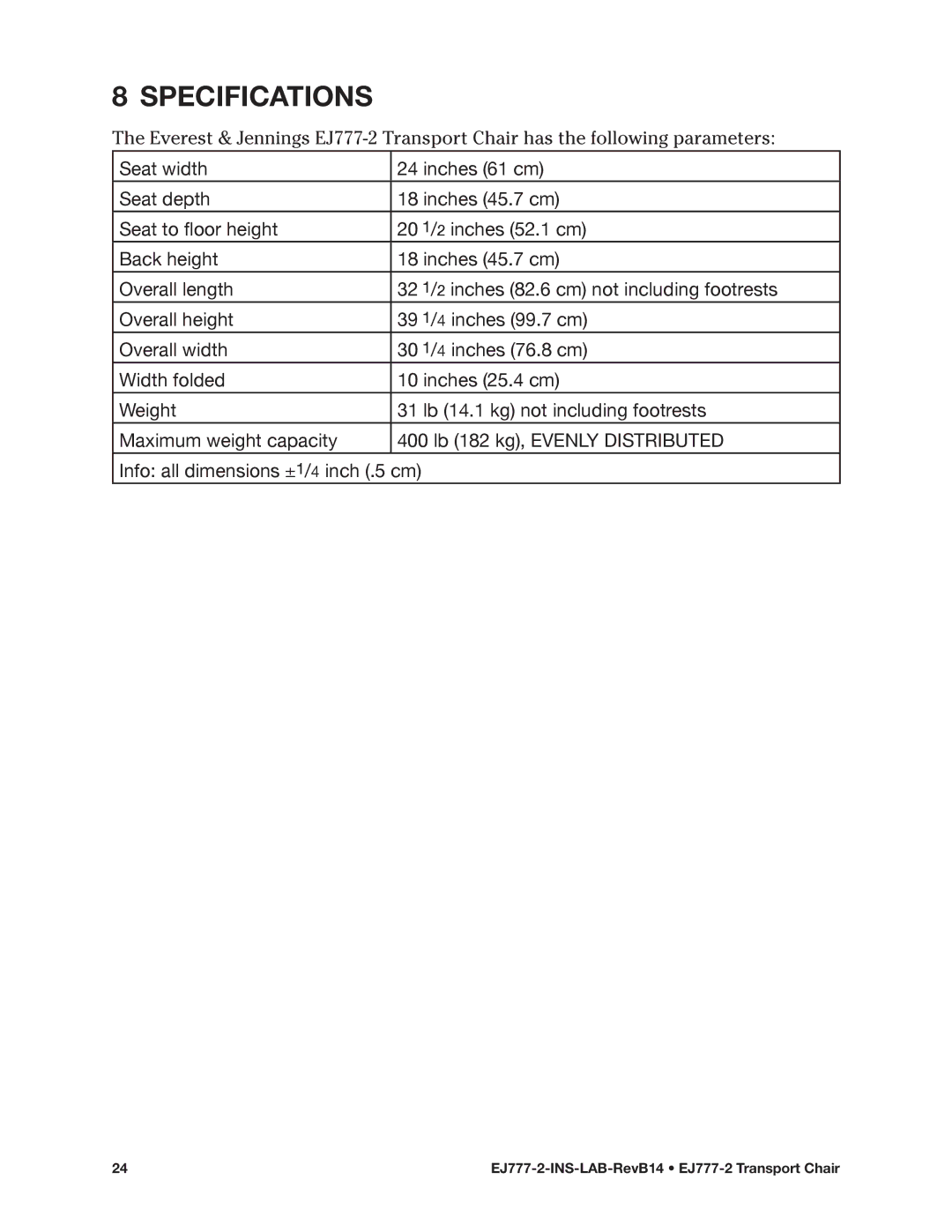 E&J EJ777-2 manual Specifications 