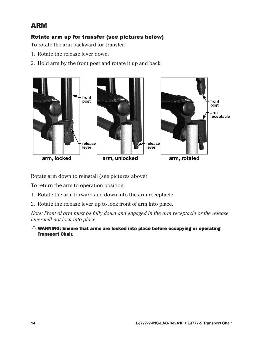 E&J EJ777-2 manual Rotate arm up for transfer see pictures below, Arm, locked Arm, unlocked Arm, rotated 