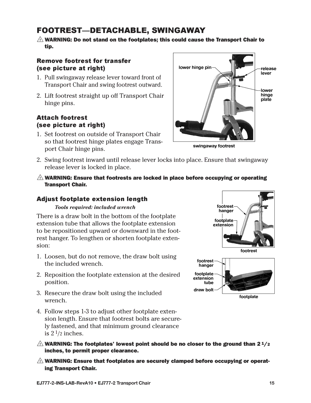 E&J EJ777-2 manual FOOTREST-DETACHABLE, Swingaway, Remove footrest for transfer see picture at right 