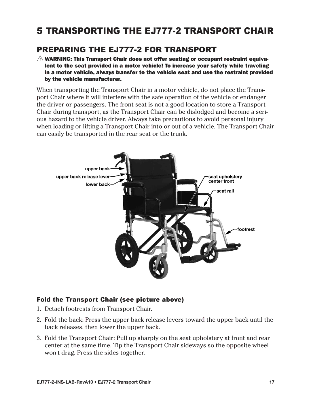 E&J manual Transporting the EJ777-2 Transport Chair, Preparing the EJ777-2 for Transport 