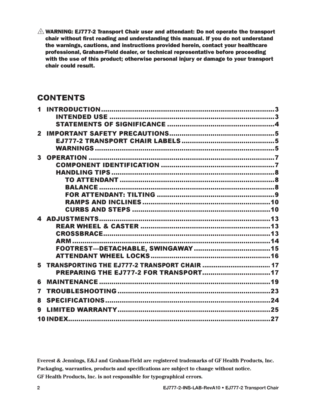 E&J EJ777-2 manual Contents 