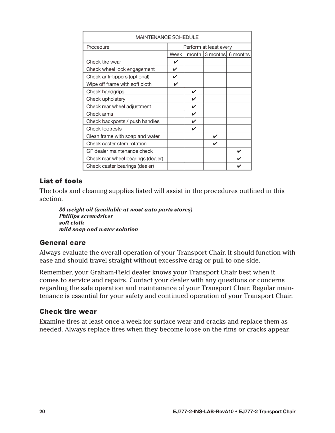 E&J EJ777-2 manual List of tools, General care, Check tire wear 