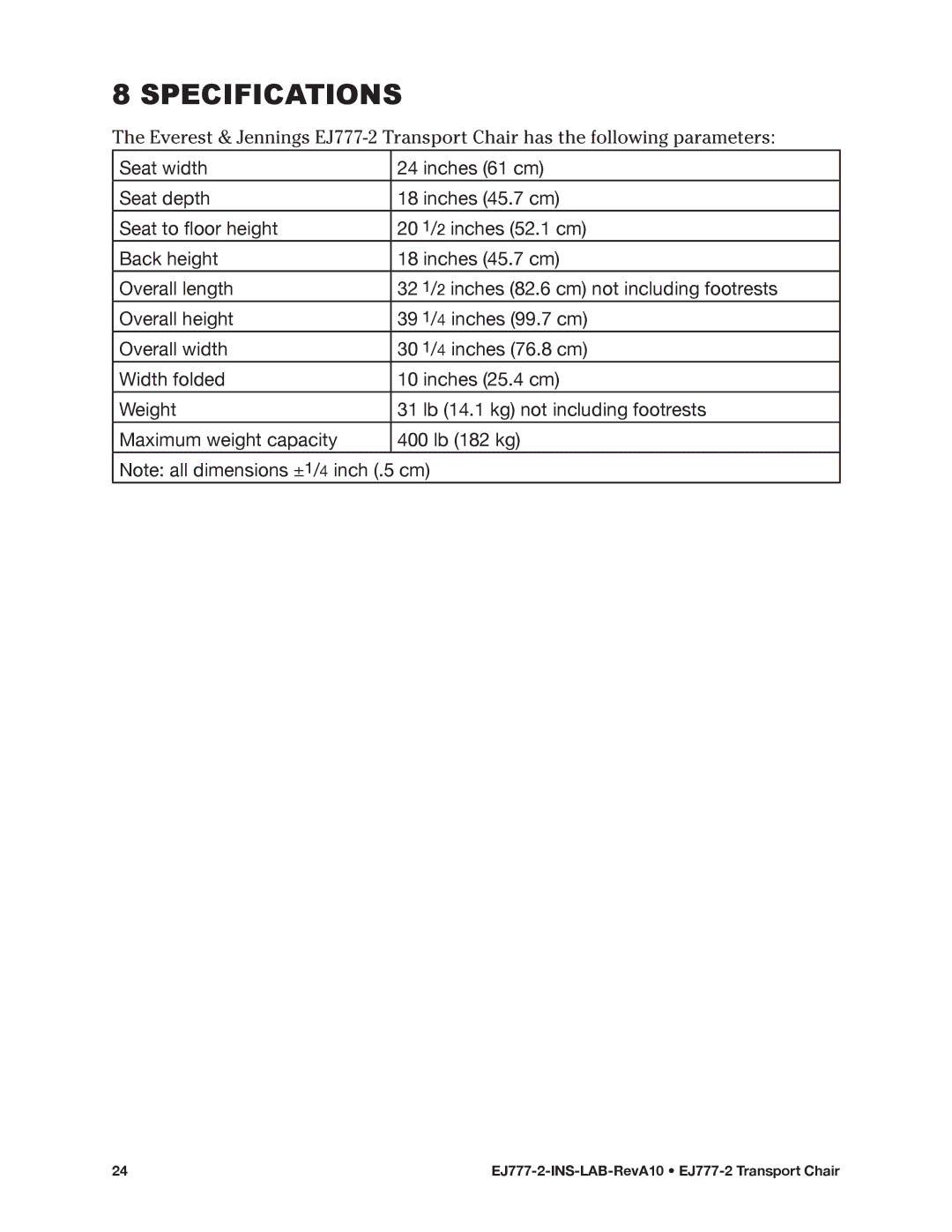 E&J EJ777-2 manual Specifications 