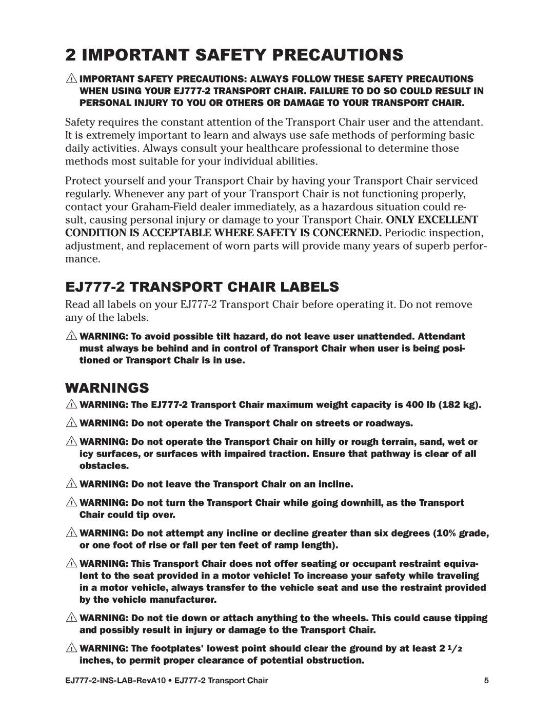 E&J manual Important Safety Precautions, EJ777-2 Transport Chair Labels 