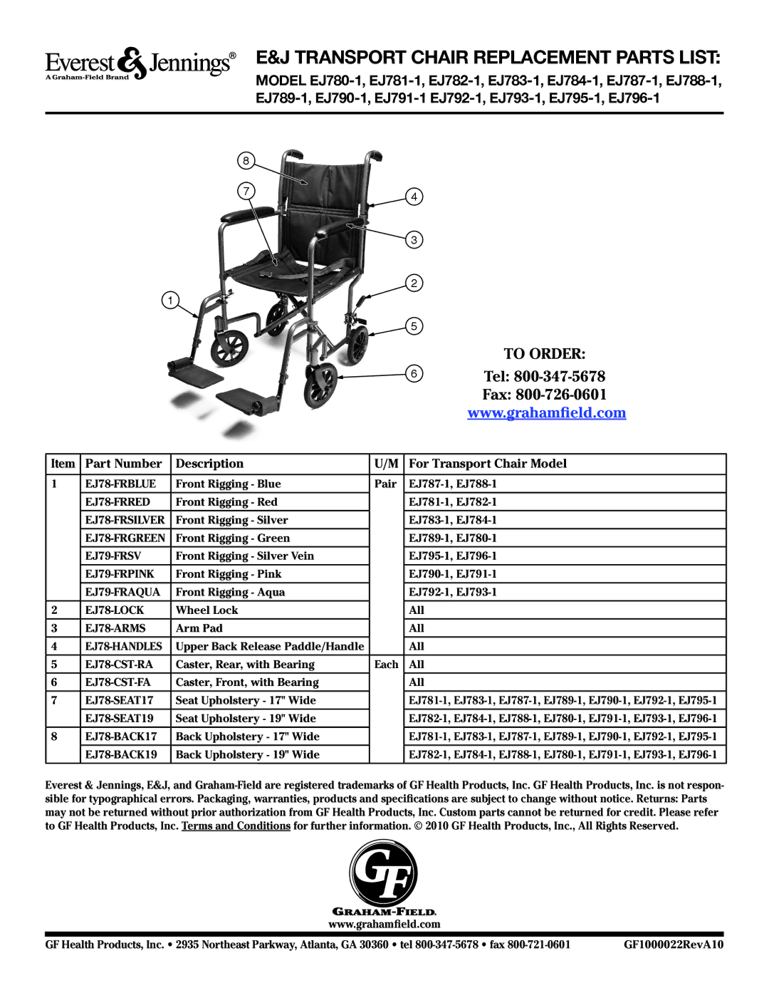 E&J EJ781-1, EJ782-1, EJ780-1 manual Transport Chair Replacement Parts List, To Order, Tel, Fax 