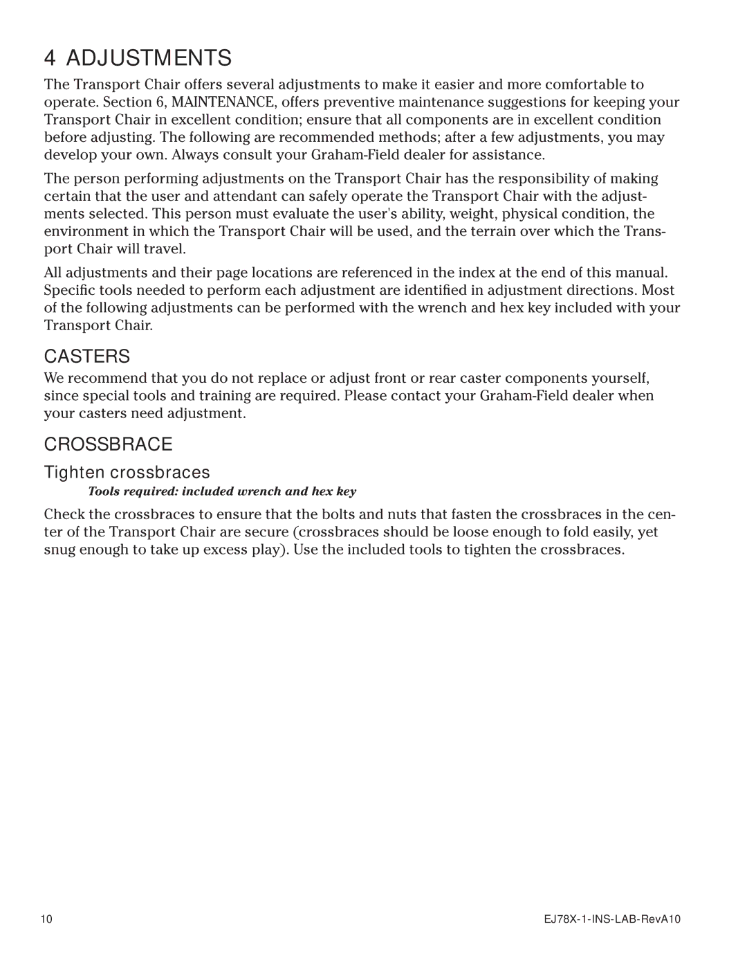 E&J EJ78X-1 manual Adjustments, Casters, Crossbrace, Tighten crossbraces 