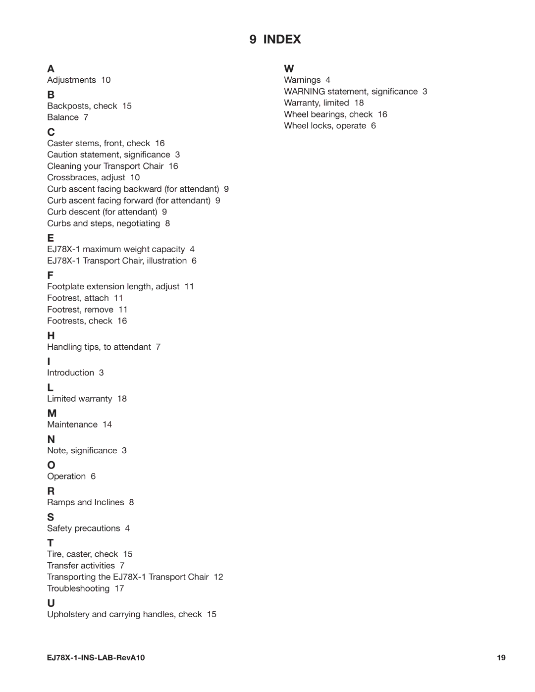 E&J EJ78X-1 manual Index 