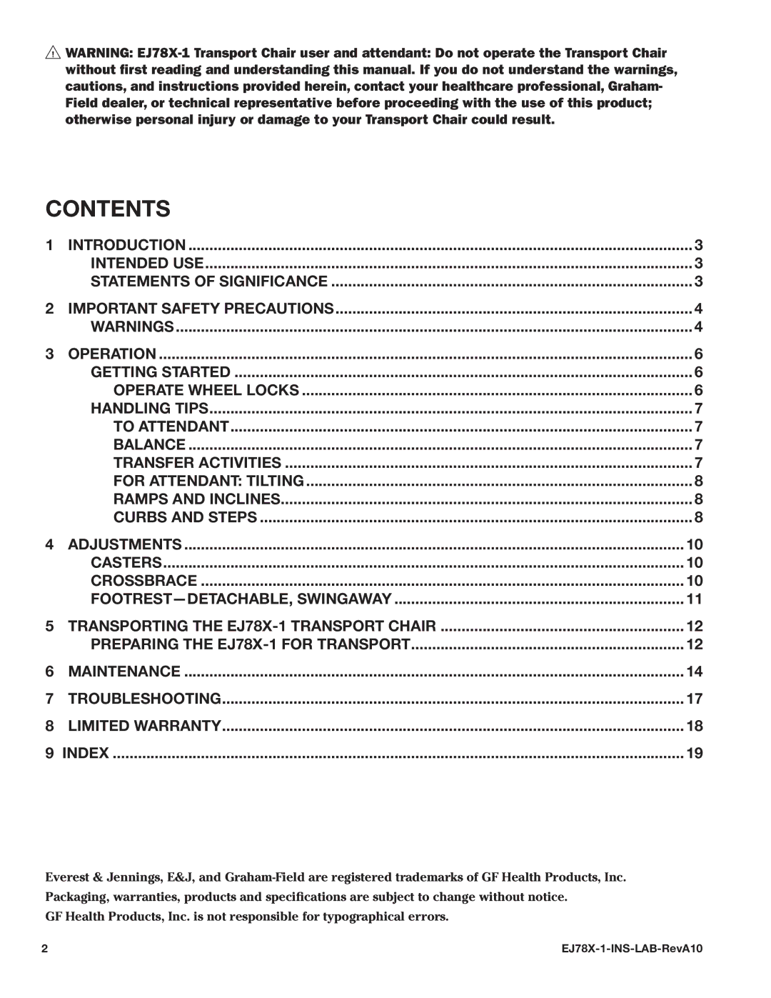 E&J EJ78X-1 manual Contents 