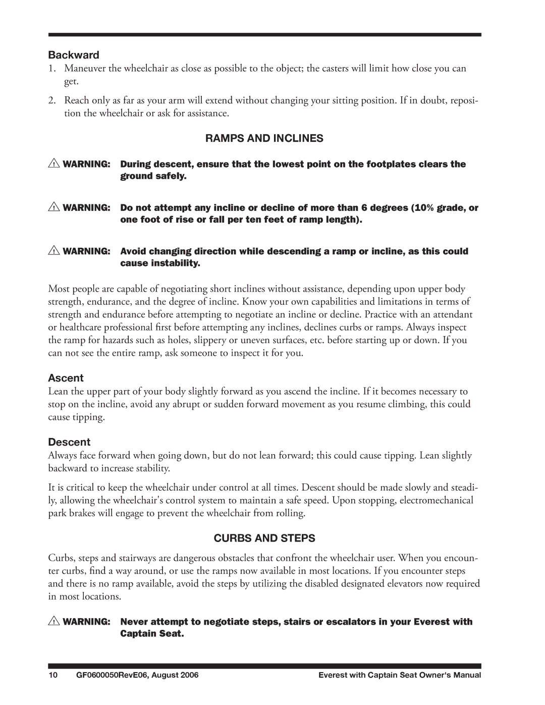 E&J GF0600050REVE06 manual Backward, Ramps and Inclines, Ascent, Descent, Curbs and steps 