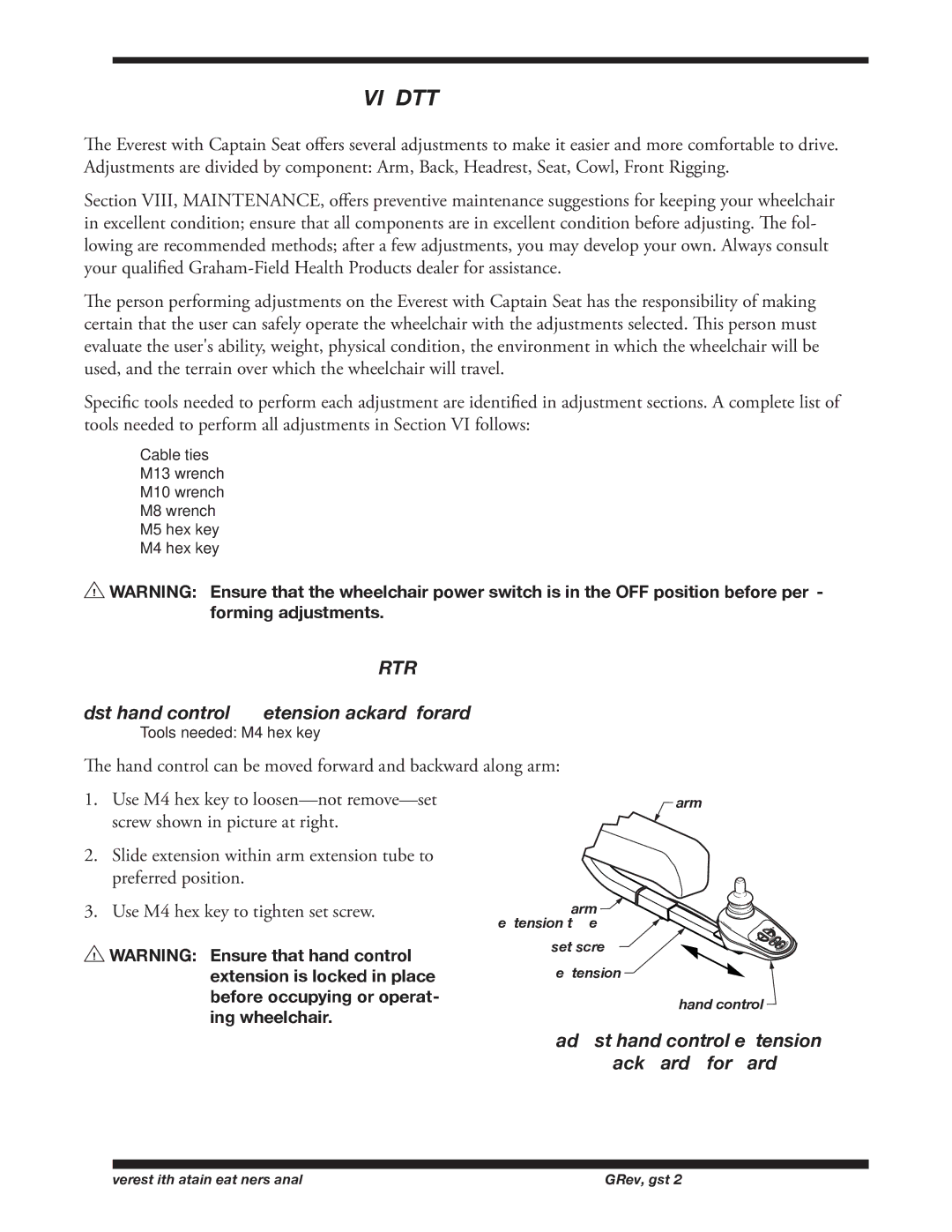 E&J GF0600050REVE06 manual VI Adjustments, Adjust hand control extension Backward / forward 