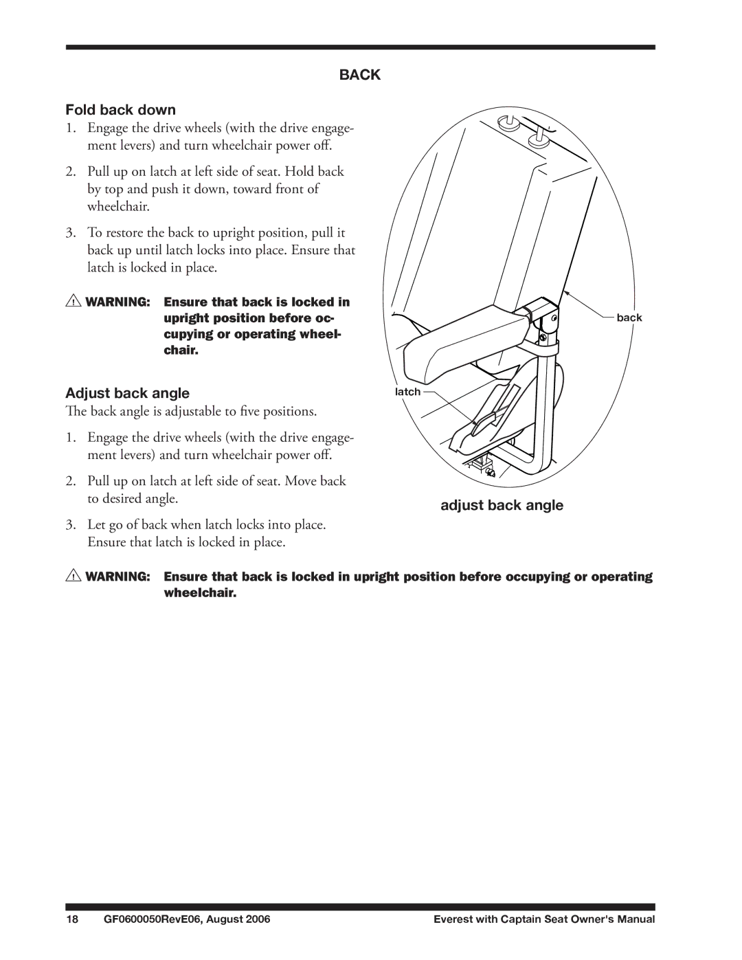 E&J GF0600050REVE06 manual Back Fold back down, Adjust back angle 