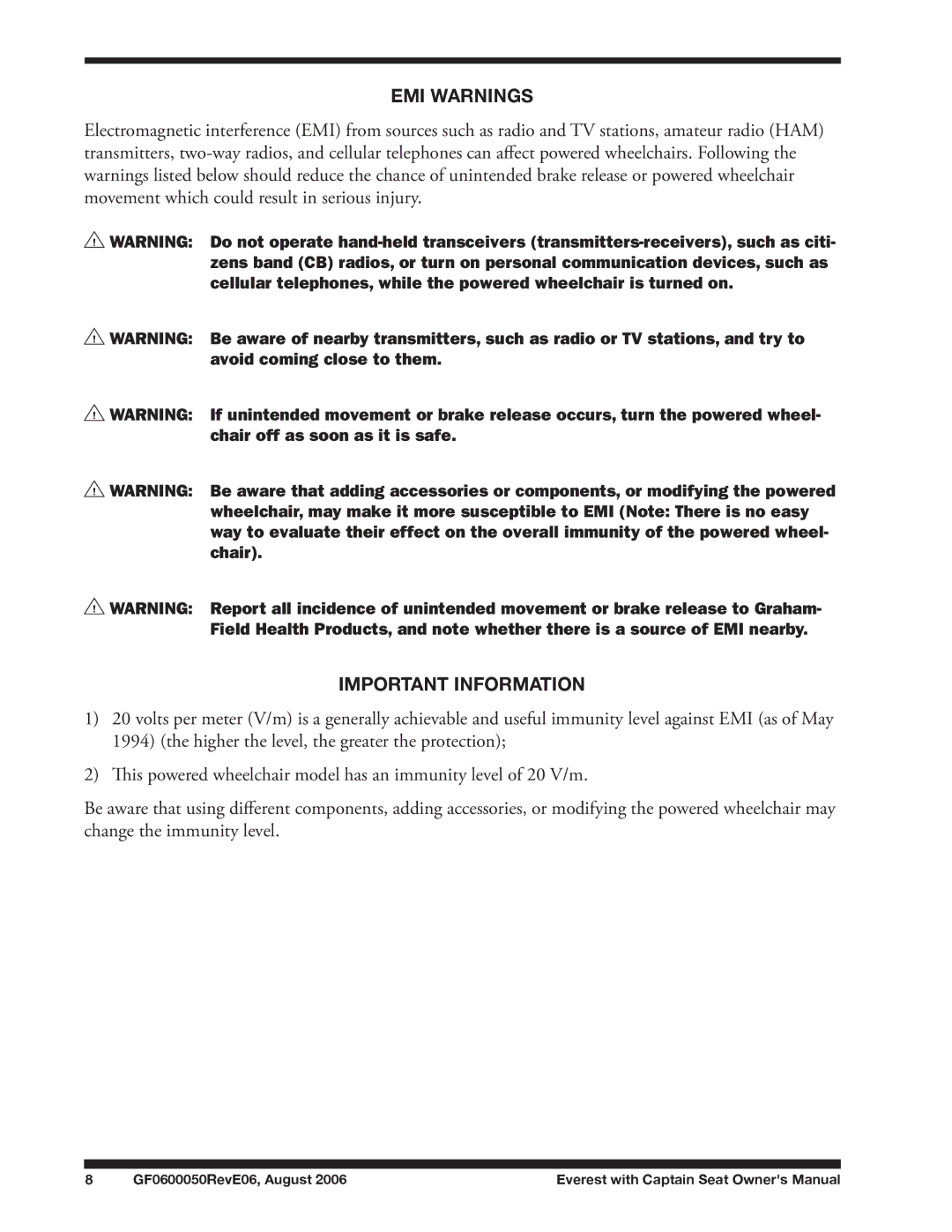 E&J GF0600050REVE06 manual EMI Warnings, Important Information 