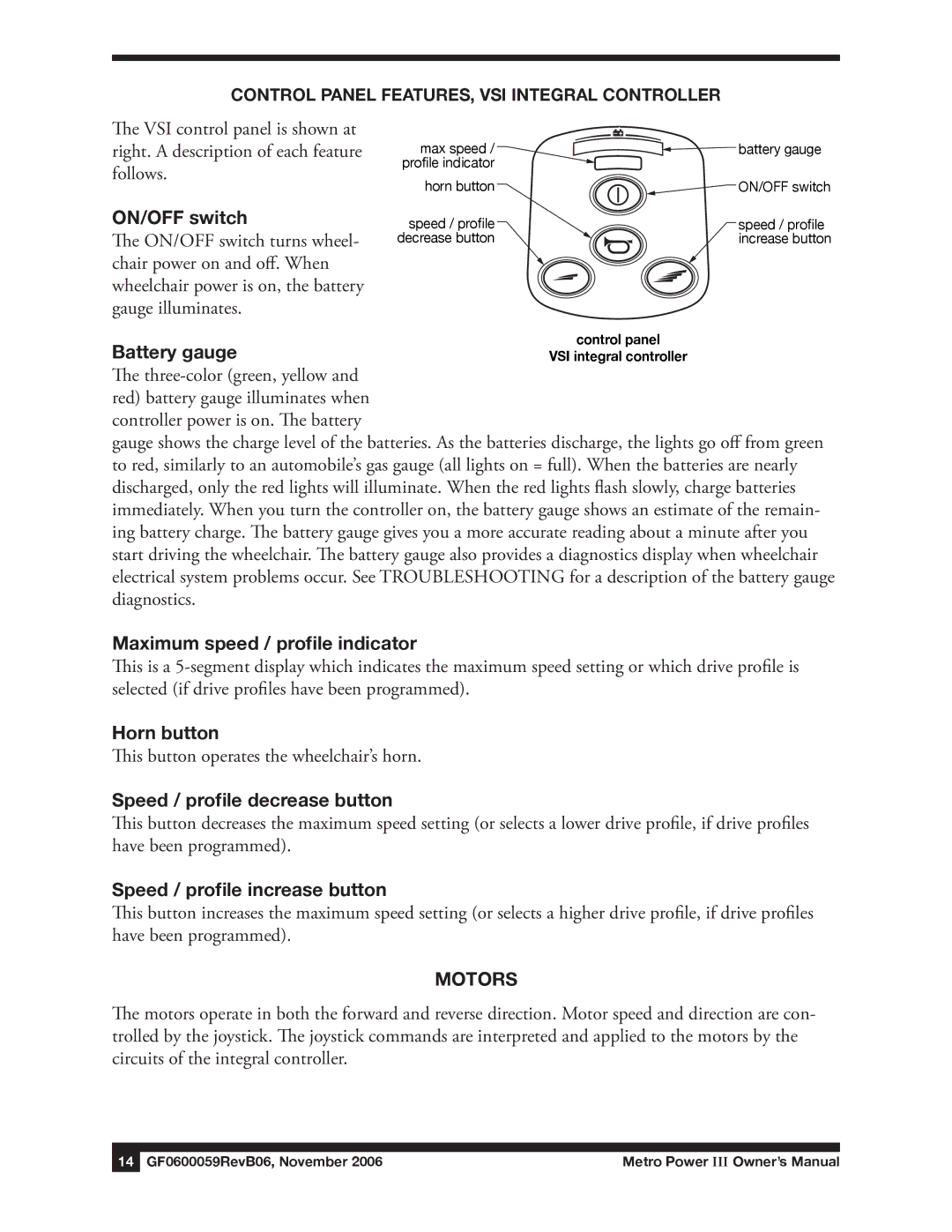 E&J GF0600059REVB06 manual ON/OFF switch, Battery gauge, Maximum speed / profile indicator, Horn button, Motors 