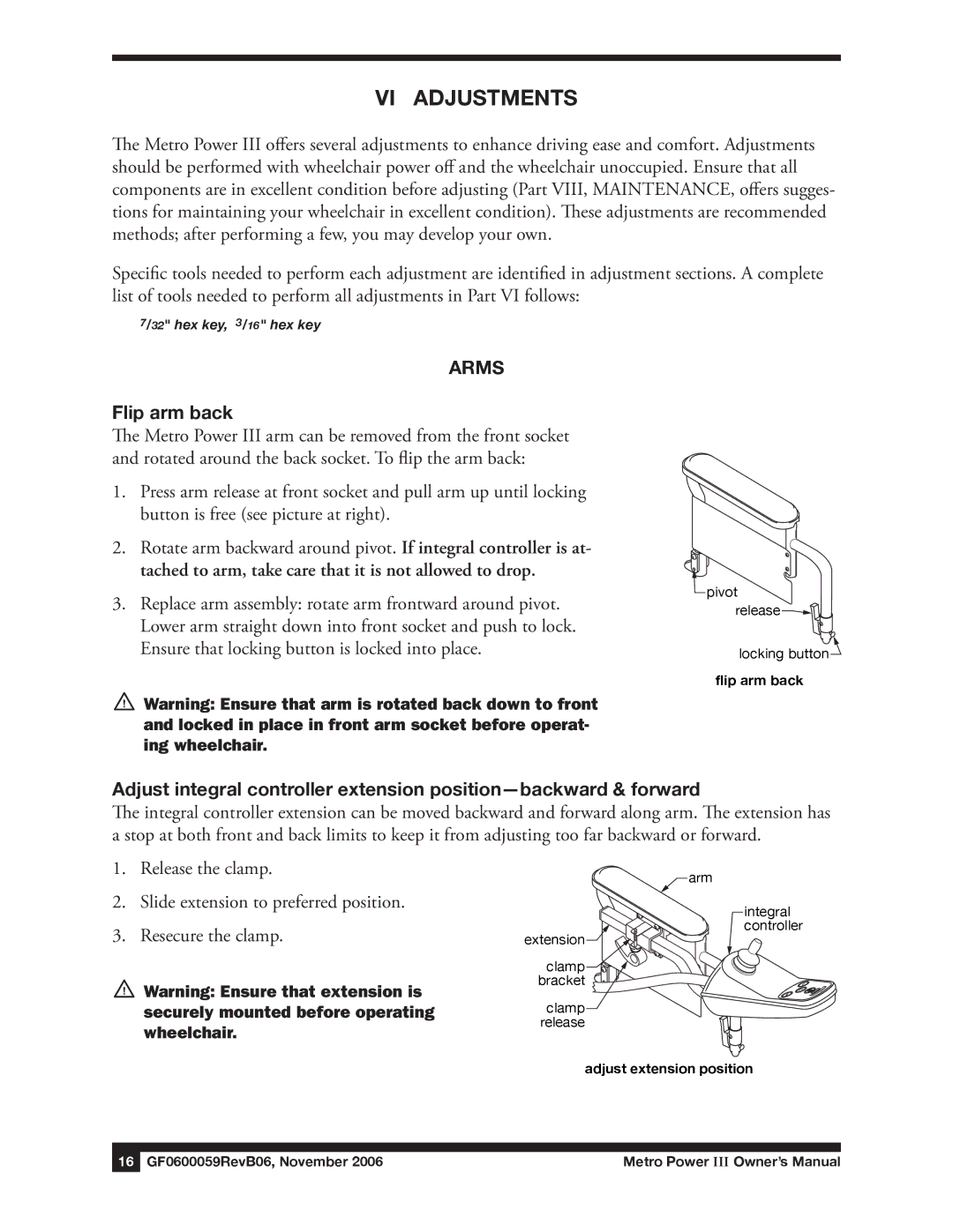 E&J GF0600059REVB06 manual VI Adjustments, Arms Flip arm back 